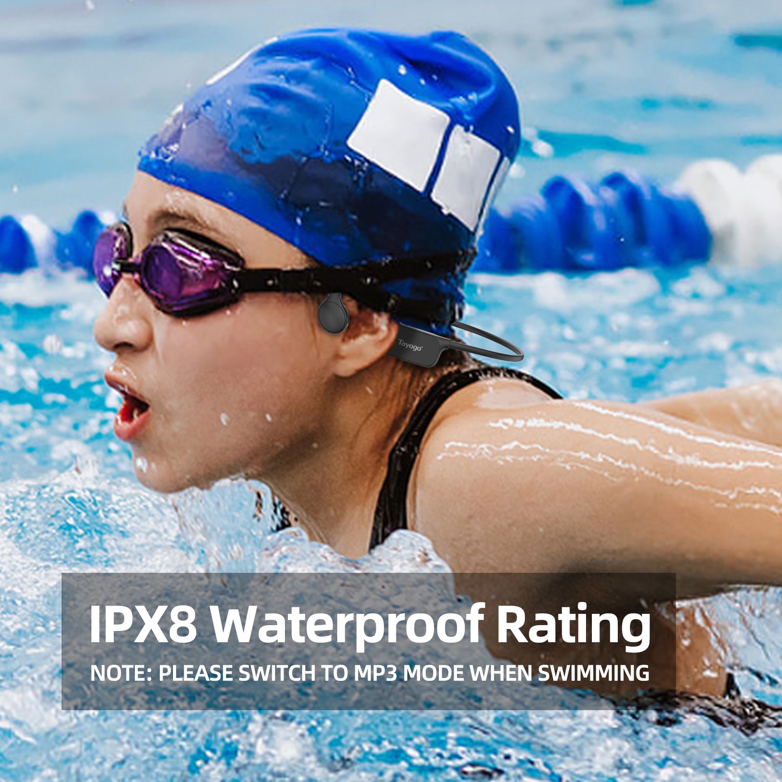 Bone Conduction Waterproof Swimming Headphones, IPX8 Open-Ear Bluetooth Earphones for Sports, Running, Swimming