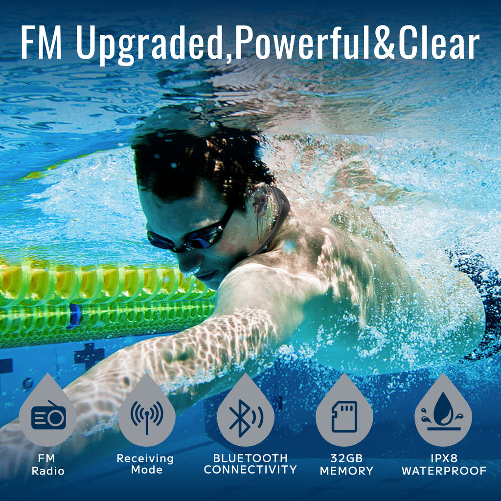 Swimming Headphones - Waterproof Headphones for Swimming, 4-in-1 MP3 Player 32GB, Bluetooth 5.4, FM Radio,