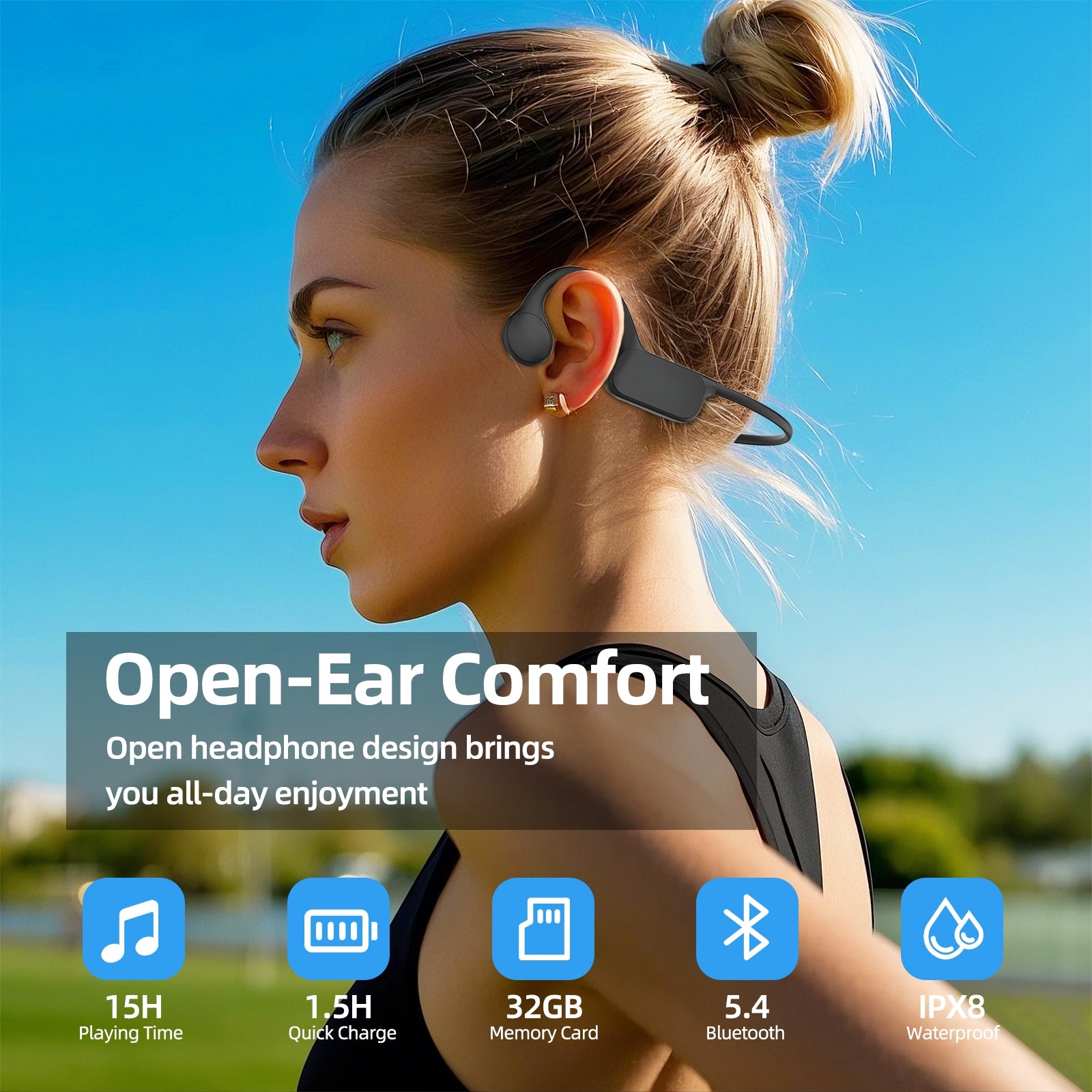 Bone Conduction Waterproof Swimming Headphones, IPX8 Open-Ear Bluetooth Earphones for Sports, Running, Swimming