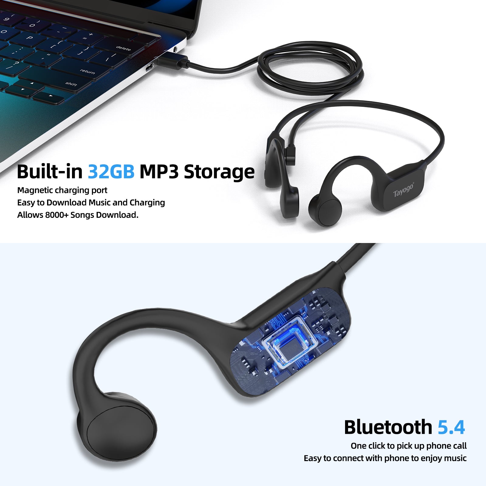 Bone Conduction Waterproof Swimming Headphones, IPX8 Open-Ear Bluetooth Earphones for Sports, Running, Swimming