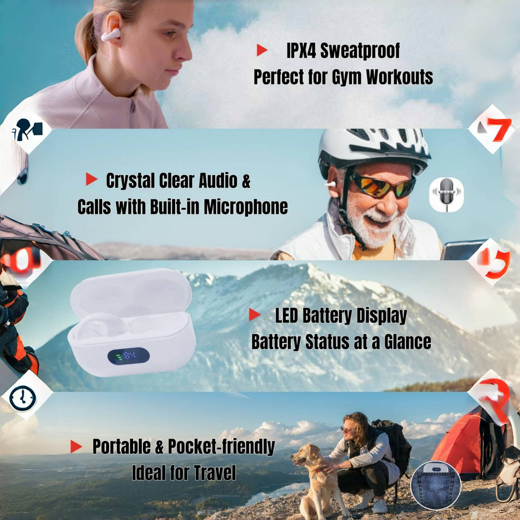 Wireless Open Ear Clip Headphones with Mic, Bluetooth V5.3, 80 Hours Playtime with Charging Case for Running, Workout-White